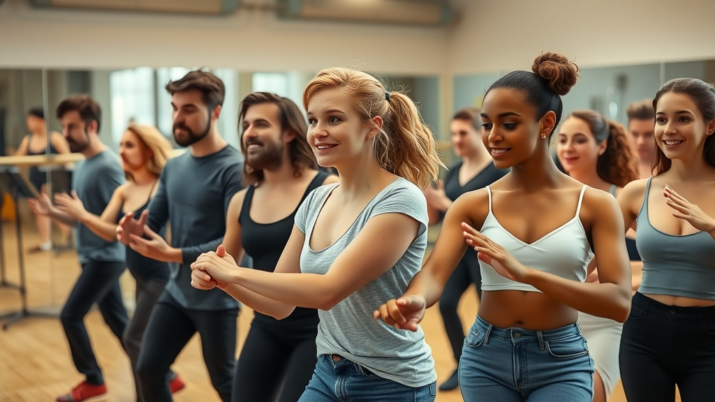 Performers learning choreography for musical theatre auditions in studio setting