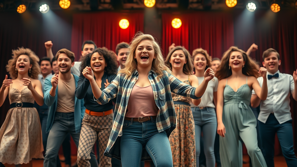 Dynamic group of performers on stage auditioning for musical theatre auditions