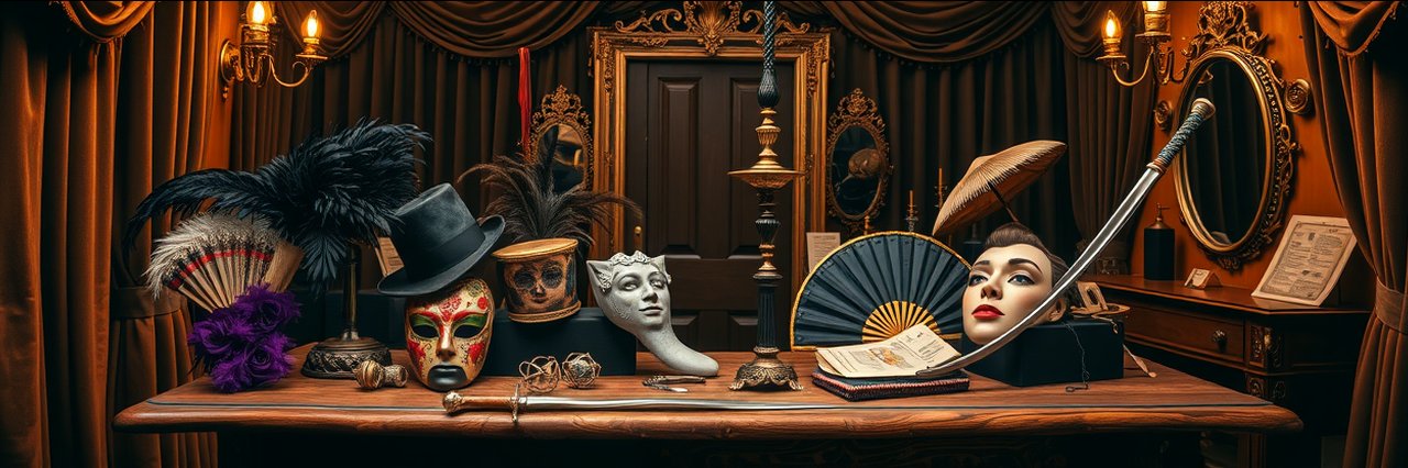 Vintage theatre props and costumes on oak table backstage, warm lighting