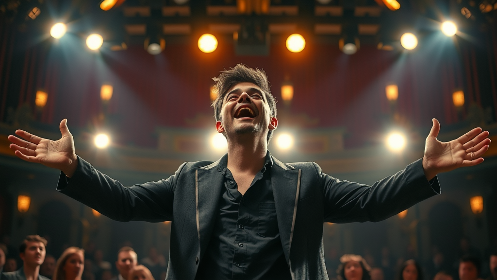 Performer passionately singing during musical theatre auditions on Broadway stage