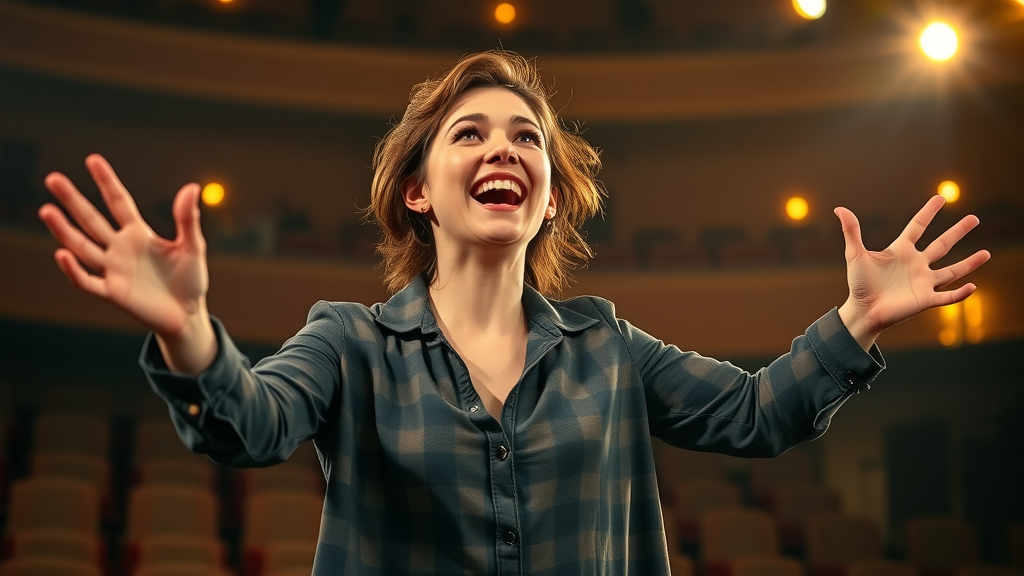 Young woman singing passionately during musical theatre auditions on London stage